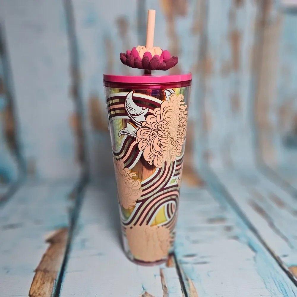 Starbucks Floral Iridescent Tumbler Pink Lid Straw 16oz Cold Cup EUC